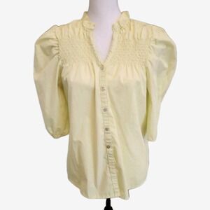 Hester & Orchard Womens Button Up  Smocked Shirt Chartreuse Sz Small Cottagecore